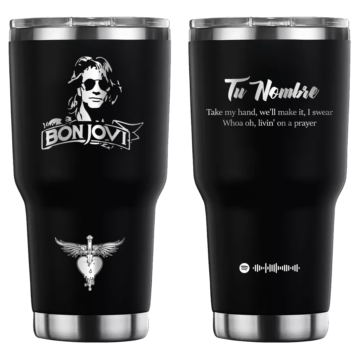 Termo personalizado con diseño de Bon Jovi, grabado láser