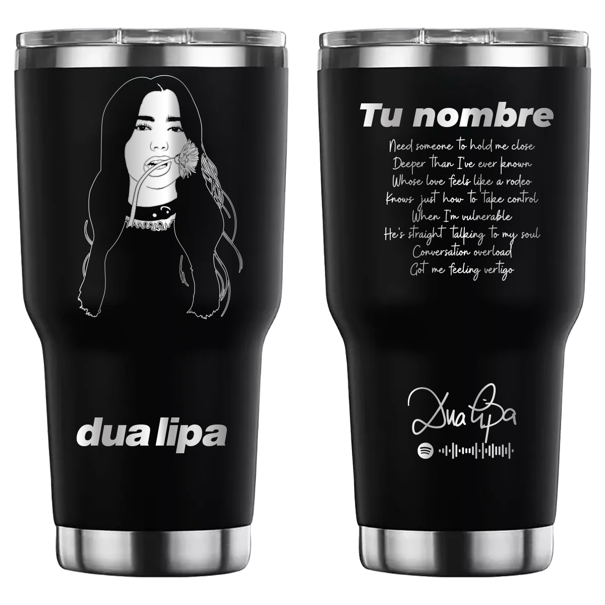 Termo personalizado con diseño de Dua Lipa, grabado láser