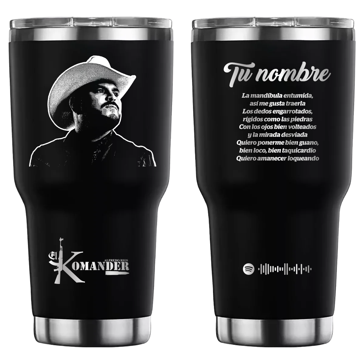 Termo personalizado con diseño de El Komander, grabado láser