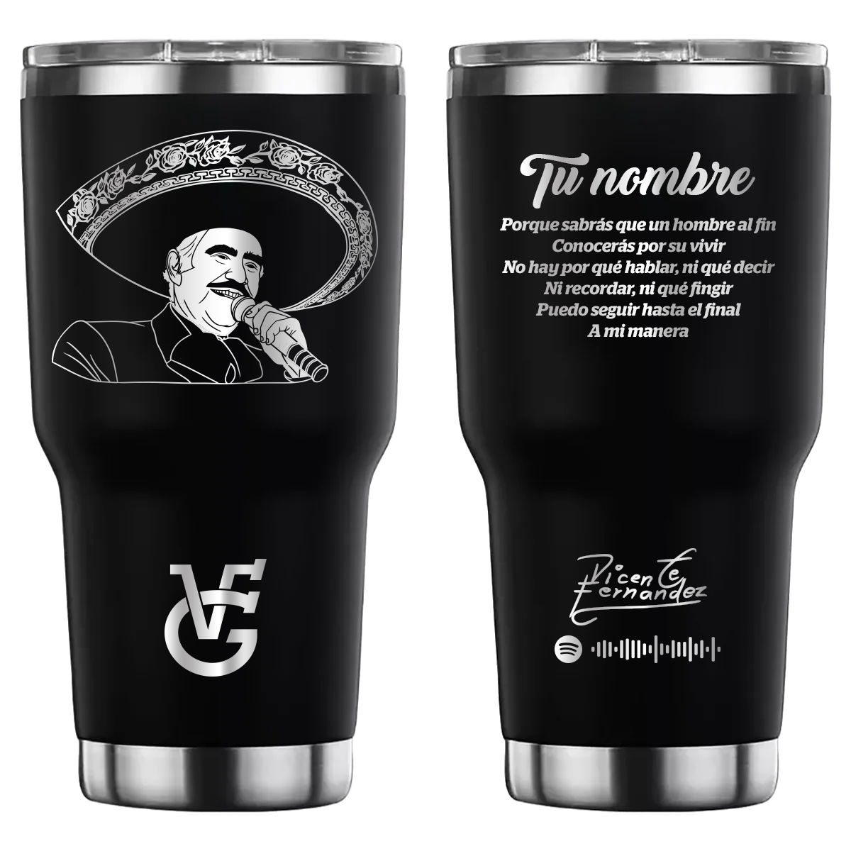 Termo personalizado con diseño de Vicente Fernández, grabado láser